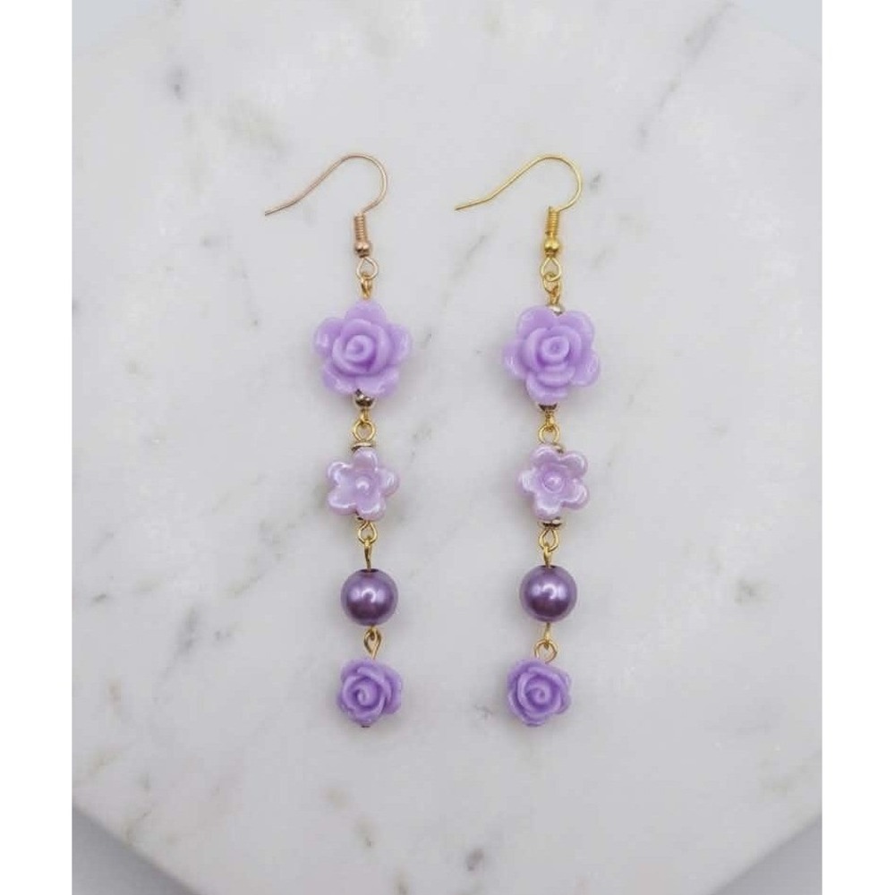 Handmade Earrings Purple Floral Faux Pearl Rose Drop Dangle Gold Tone